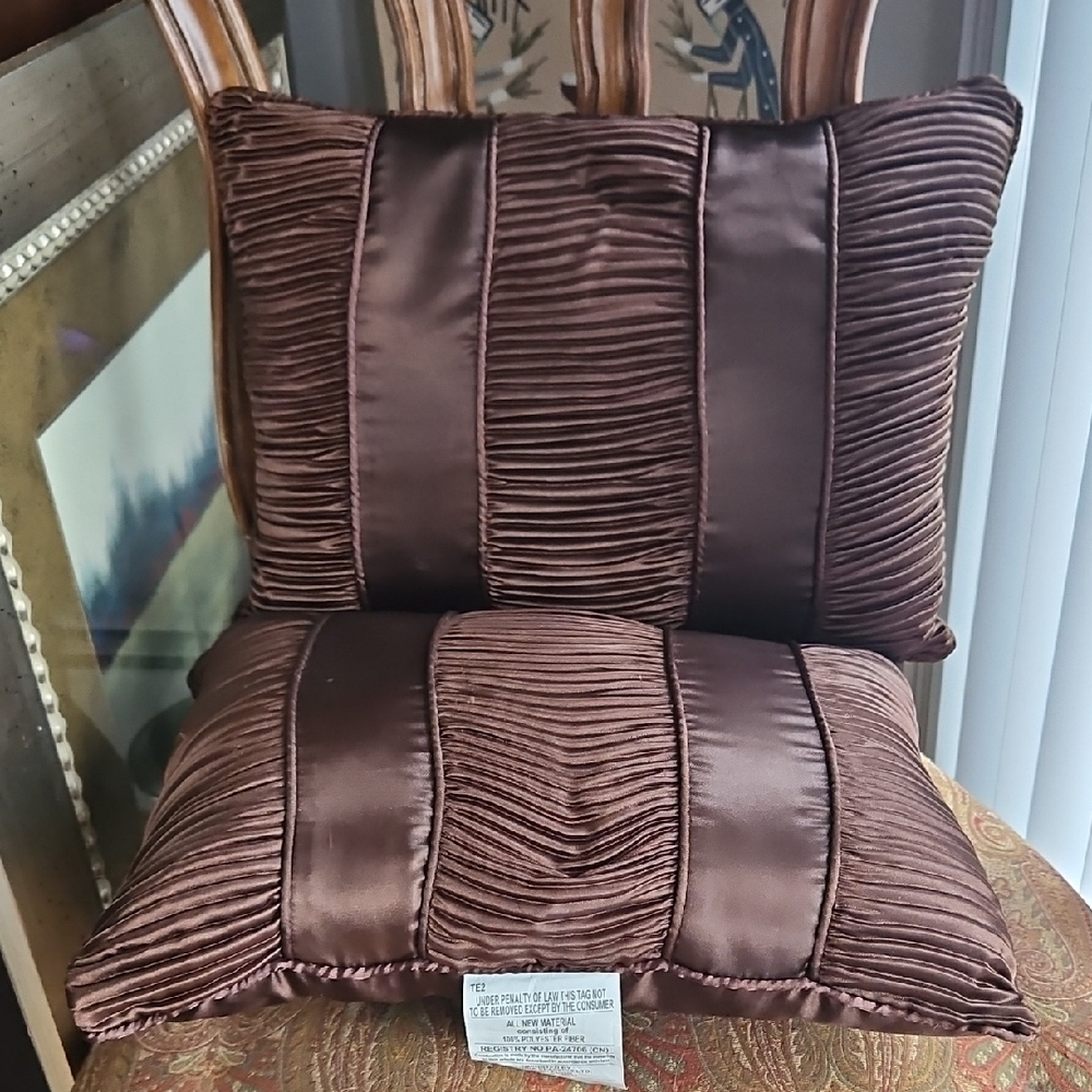 5th AVE Satin Set Of 2 Luxery  Elegant Brown Ribbon Accent Pillows